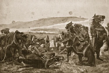 A Batalha de Colenso: a perda de nossas armas, ilustração de "Battles of the 19th Century", vol. VI: A Guerra dos Bôeres de 1899-1900 &39;por Archibald Forbes, GA Henty e Major Arthur Griffiths (lito